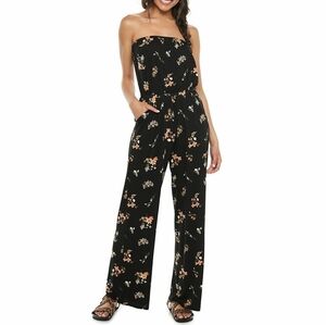 NWT SO Black Floral Jumpsuit XXL Strapless Tube Top Wide Leg Summer Resort